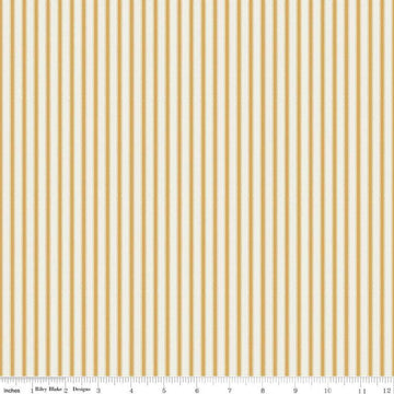 Image of Ivy Reese Ticking Golden quilting cotton fabric by Deena Rutter for Riley Blake Designs. Features stripes on a yellow background. Cute Little Fabric Shop