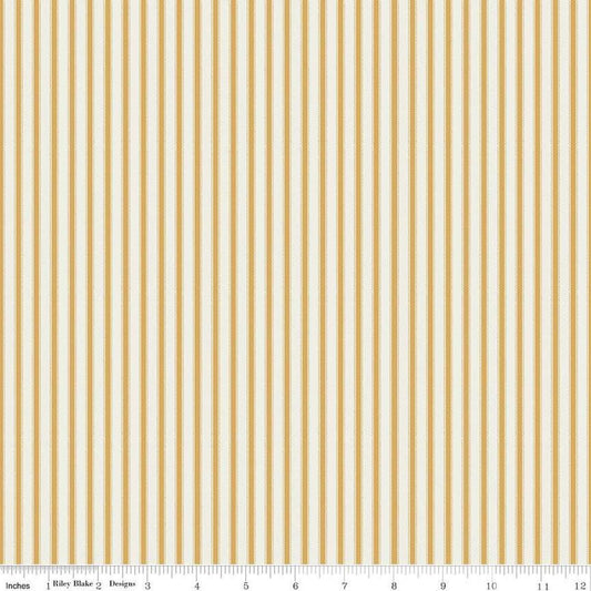 Image of Ivy Reese Ticking Golden quilting cotton fabric by Deena Rutter for Riley Blake Designs. Features stripes on a yellow background. Cute Little Fabric Shop