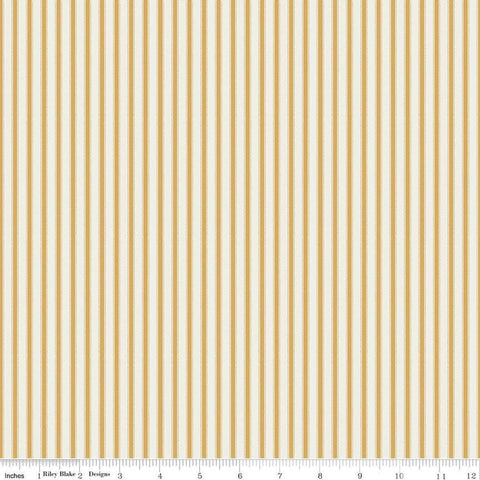 Image of Ivy Reese Ticking Golden quilting cotton fabric by Deena Rutter for Riley Blake Designs. Features stripes on a yellow background. Cute Little Fabric Shop