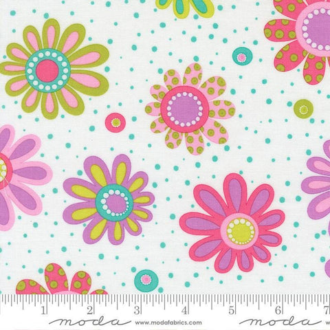 Image of Pick Me Power Bloom Sugar quilting cotton fabric by Me and My Sister Designs for Moda Fabrics. Features flowers on a white background. Cute Little Fabric Shop