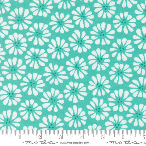 Image of Pick Me Lazy Daisy Flower Aqua quilting cotton fabric by Me and My Sister Designs for Moda Fabrics. Features flower on a blue background. Cute Little Fabric Shop