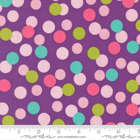 Image of Pick Me Playful Dot Grape quilting cotton fabric by Me and My Sister Designs for Moda Fabrics. Features dots on a purple background. Cute Little Fabric Shop