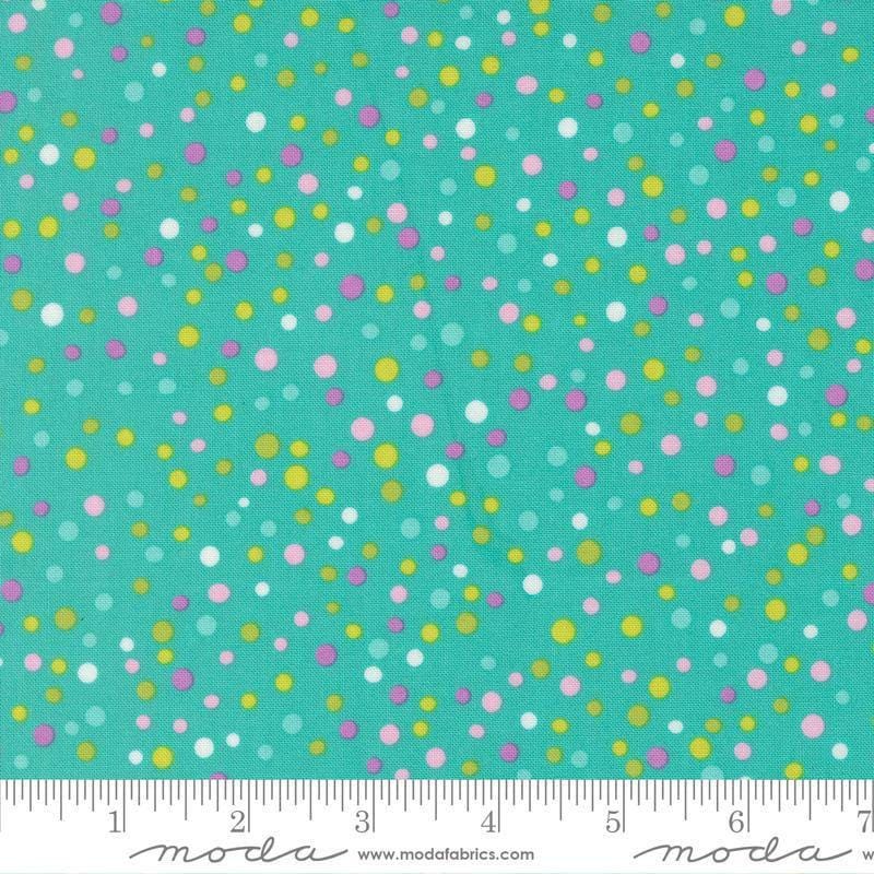 Image of Pick Me Little Dot Polka Dots Aqua quilting cotton fabric by Me and My Sister Designs for Moda Fabrics. Features dots on a blue background. Cute Little Fabric Shop