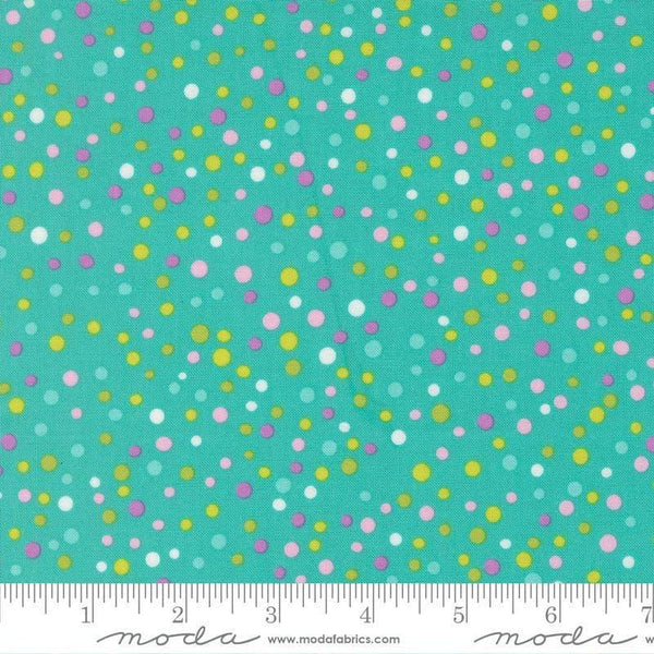 Image of Pick Me Little Dot Polka Dots Aqua quilting cotton fabric by Me and My Sister Designs for Moda Fabrics. Features dots on a blue background. Cute Little Fabric Shop
