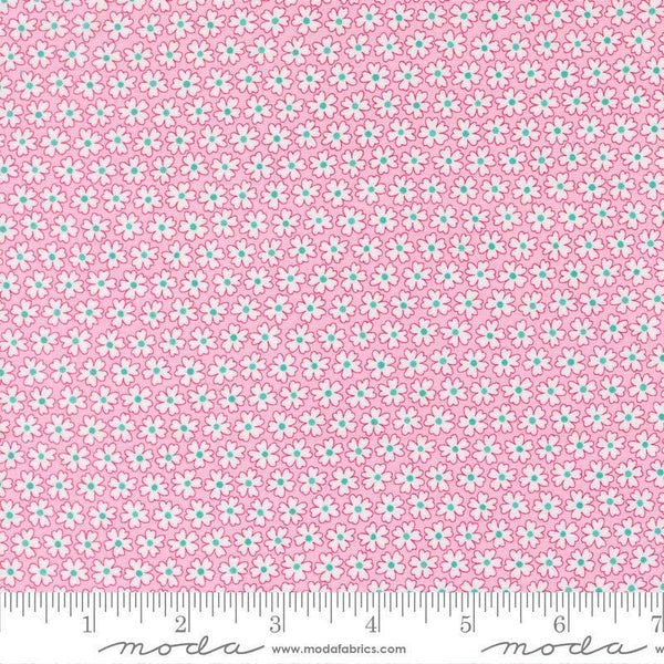 Image of Pick Me Pocket of Posies Small Petal quilting cotton fabric by Me and My Sister Designs for Moda Fabrics. Features flowers on a pink background. Cute Little Fabric Shop