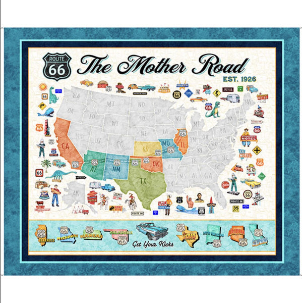 Get Your Kicks 2026 The Mother Road Map Panel 31666 Multi X - QT Fabrics - Maps USA Vintage - Quilting Cotton Fabric