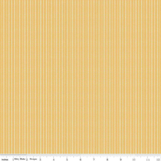 Image of Juju's Petals Stripes Yellow quilting cotton fabric by Judi Madsen for Riley Blake Designs. Features stripes on a yellow background. Cute Little Fabric Shop