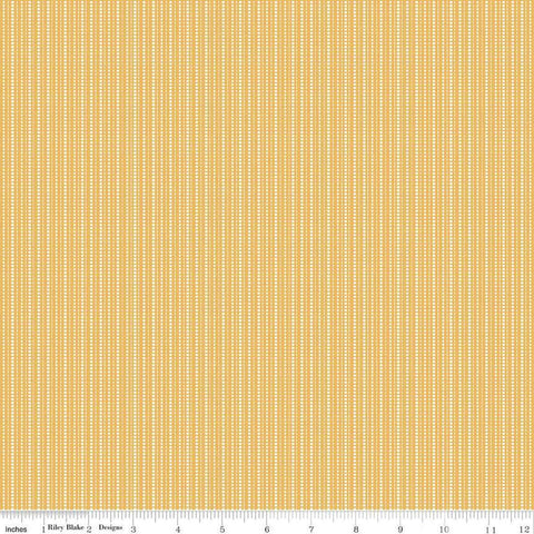 Image of Juju&#39;s Petals Stripes Yellow quilting cotton fabric by Judi Madsen for Riley Blake Designs. Features stripes on a yellow background. Cute Little Fabric Shop