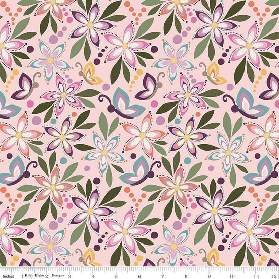 Image of Juju's Petals Main Pink quilting cotton fabric by Judi Madsen for Riley Blake Designs. Features flowers on a pink background. Cute Little Fabric Shop