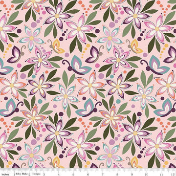 Image of Juju's Petals Main Pink quilting cotton fabric by Judi Madsen for Riley Blake Designs. Features flowers on a pink background. Cute Little Fabric Shop