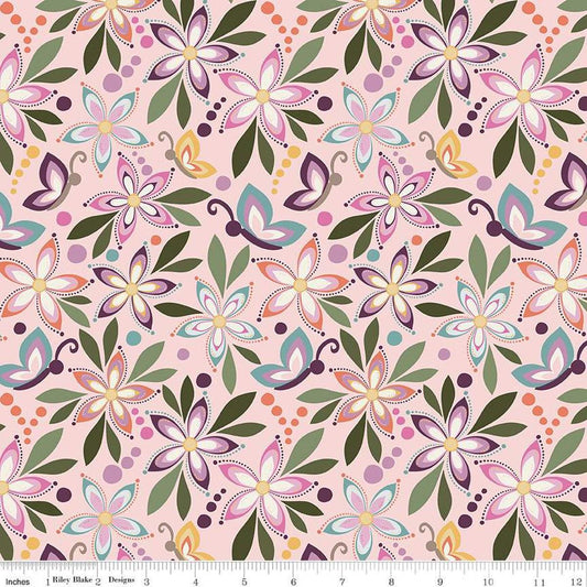 Image of Juju's Petals Main Pink quilting cotton fabric by Judi Madsen for Riley Blake Designs. Features flowers on a pink background. Cute Little Fabric Shop