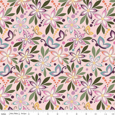 Image of Juju&#39;s Petals Main Pink quilting cotton fabric by Judi Madsen for Riley Blake Designs. Features flowers on a pink background. Cute Little Fabric Shop