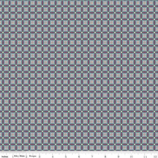 Image of Juju's Petals Mosaic Teal quilting cotton fabric by Judi Madsen for Riley Blake Designs. Features stripes on a blue background. Cute Little Fabric Shop