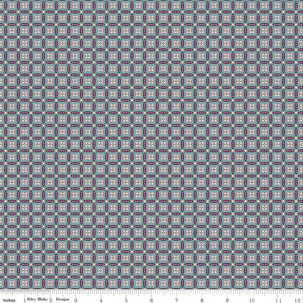 Image of Juju's Petals Mosaic Teal quilting cotton fabric by Judi Madsen for Riley Blake Designs. Features stripes on a blue background. Cute Little Fabric Shop