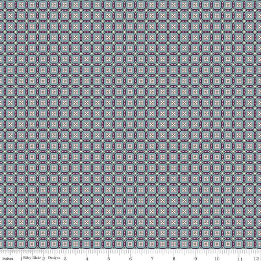 Image of Juju's Petals Mosaic Teal quilting cotton fabric by Judi Madsen for Riley Blake Designs. Features stripes on a blue background. Cute Little Fabric Shop