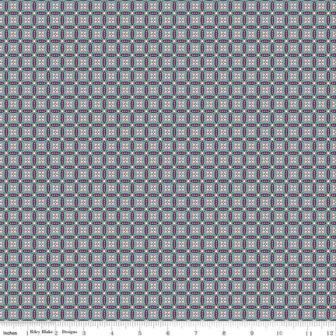 Image of Juju&#39;s Petals Mosaic Teal quilting cotton fabric by Judi Madsen for Riley Blake Designs. Features stripes on a blue background. Cute Little Fabric Shop