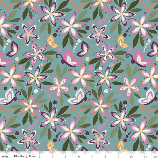 Image of Juju's Petals Main Teal quilting cotton fabric by Judi Madsen for Riley Blake Designs. Features flowers on a blue background. Cute Little Fabric Shop