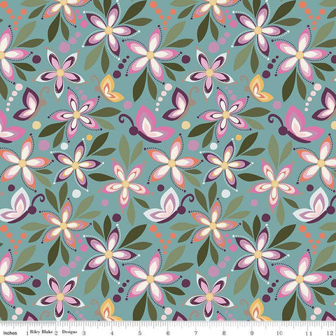 Image of Juju&#39;s Petals Main Teal quilting cotton fabric by Judi Madsen for Riley Blake Designs. Features flowers on a blue background. Cute Little Fabric Shop