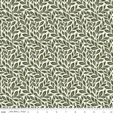 Image of Juju&#39;s Petals Leaves Cream quilting cotton fabric by Judi Madsen for Riley Blake Designs. Features leaves on an off-white background. Cute Little Fabric Shop