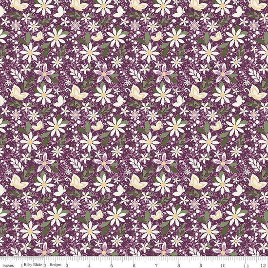 Image of Juju's Petals Dance Purple quilting cotton fabric by Judi Madsen for Riley Blake Designs. Features flowers on a purple background. Cute Little Fabric Shop