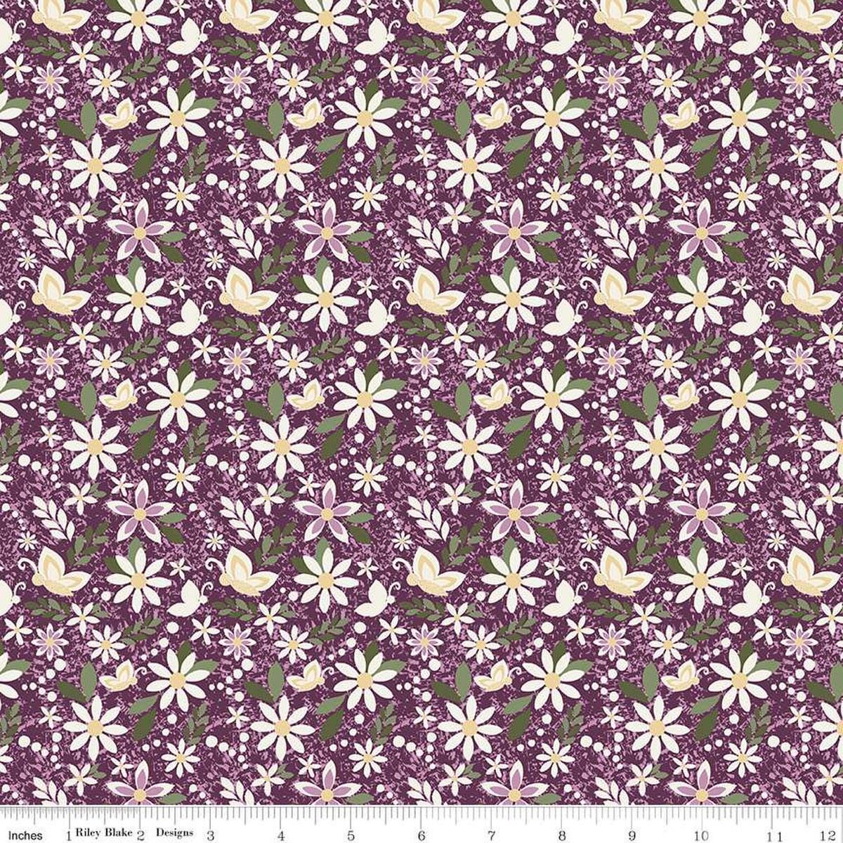 Image of Juju's Petals Dance Purple quilting cotton fabric by Judi Madsen for Riley Blake Designs. Features flowers on a purple background. Cute Little Fabric Shop