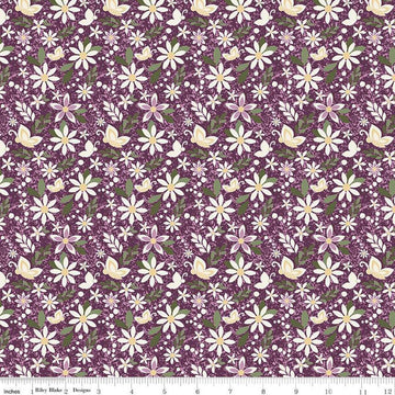 Image of Juju's Petals Dance Purple quilting cotton fabric by Judi Madsen for Riley Blake Designs. Features flowers on a purple background. Cute Little Fabric Shop
