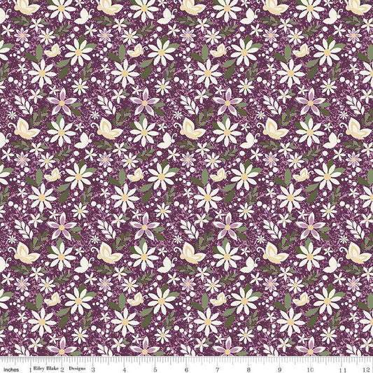 Image of Juju's Petals Dance Purple quilting cotton fabric by Judi Madsen for Riley Blake Designs. Features flowers on a purple background. Cute Little Fabric Shop