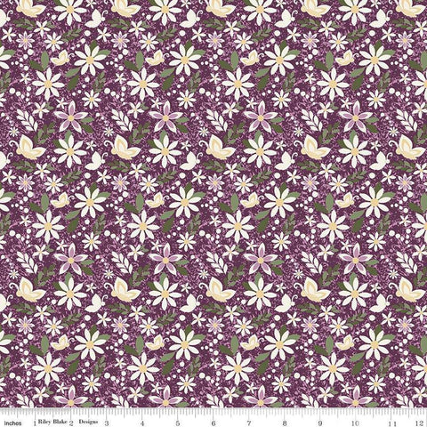 Image of Juju&#39;s Petals Dance Purple quilting cotton fabric by Judi Madsen for Riley Blake Designs. Features flowers on a purple background. Cute Little Fabric Shop