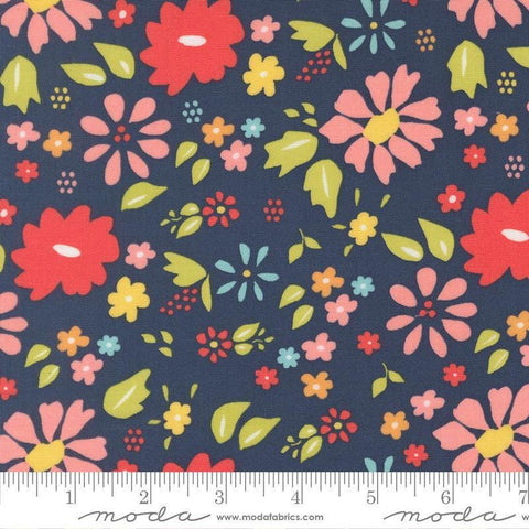 Image of Delightfully Yours Floral Navy quilting cotton fabric by Sherri & Chelsi for Moda Fabrics. Features flowers on a blue background. Cute Little Fabric Shop
