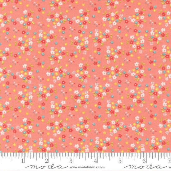 Image of Delightfully Yours Posie Carnation quilting cotton fabric by Sherri & Chelsi for Moda Fabrics. Features flowers on an orange background. Cute Little Fabric Shop