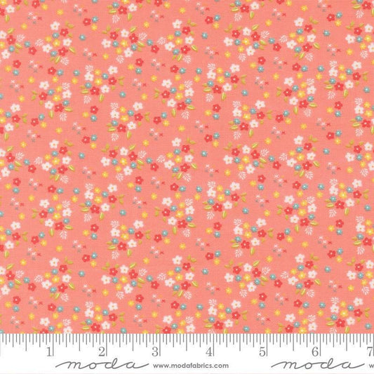 Image of Delightfully Yours Posie Carnation quilting cotton fabric by Sherri & Chelsi for Moda Fabrics. Features flowers on an orange background. Cute Little Fabric Shop