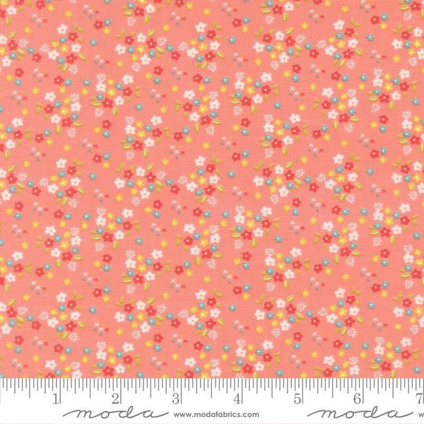 Image of Delightfully Yours Posie Carnation quilting cotton fabric by Sherri & Chelsi for Moda Fabrics. Features flowers on an orange background. Cute Little Fabric Shop