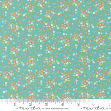 Image of Delightfully Yours Posie Poolside quilting cotton fabric by Sherri & Chelsi for Moda Fabrics. Features flowers on a green background. Cute Little Fabric Shop