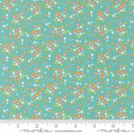 Image of Delightfully Yours Posie Poolside quilting cotton fabric by Sherri & Chelsi for Moda Fabrics. Features flowers on a green background. Cute Little Fabric Shop