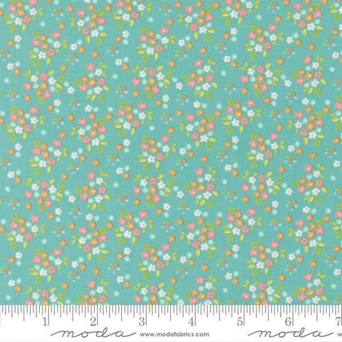 Image of Delightfully Yours Posie Poolside quilting cotton fabric by Sherri & Chelsi for Moda Fabrics. Features flowers on a green background. Cute Little Fabric Shop
