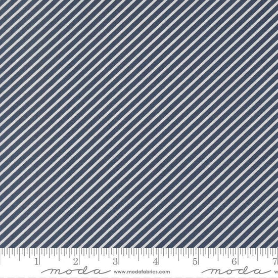 Image of Delightfully Yours Stripes Navy quilting cotton fabric by Sherri & Chelsi for Moda Fabrics. Features stripes on a blue background. Cute Little Fabric Shop