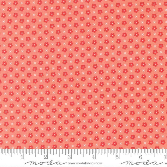Image of Delightfully Yours Blooms Carnation quilting cotton fabric by Sherri & Chelsi for Moda Fabrics. Features flowers on a red background. Cute Little Fabric Shop