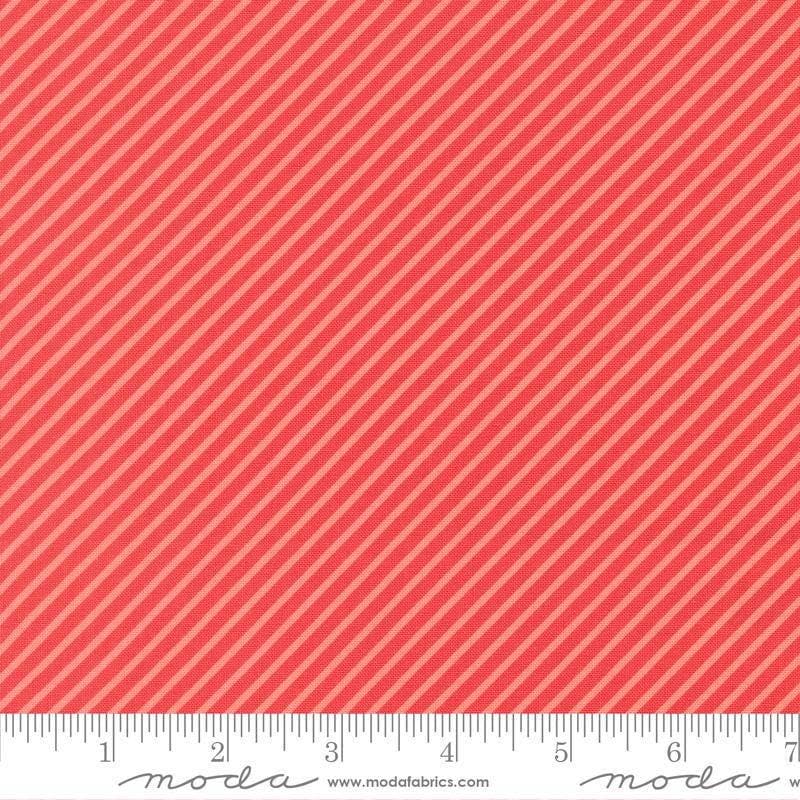 Image of Delightfully Yours Stripes Geranium quilting cotton fabric by Sherri & Chelsi for Moda Fabrics. Features stripes on a red background. Cute Little Fabric Shop