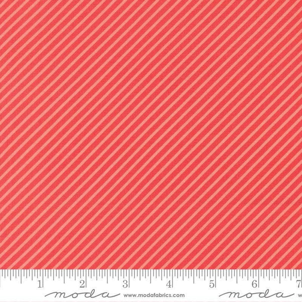Image of Delightfully Yours Stripes Geranium quilting cotton fabric by Sherri & Chelsi for Moda Fabrics. Features stripes on a red background. Cute Little Fabric Shop