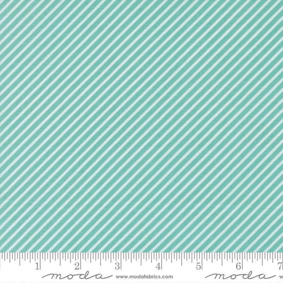 Image of Delightfully Yours Stripes Poolside quilting cotton fabric by Sherri & Chelsi for Moda Fabrics. Features stripes on a blue background. Cute Little Fabric Shop