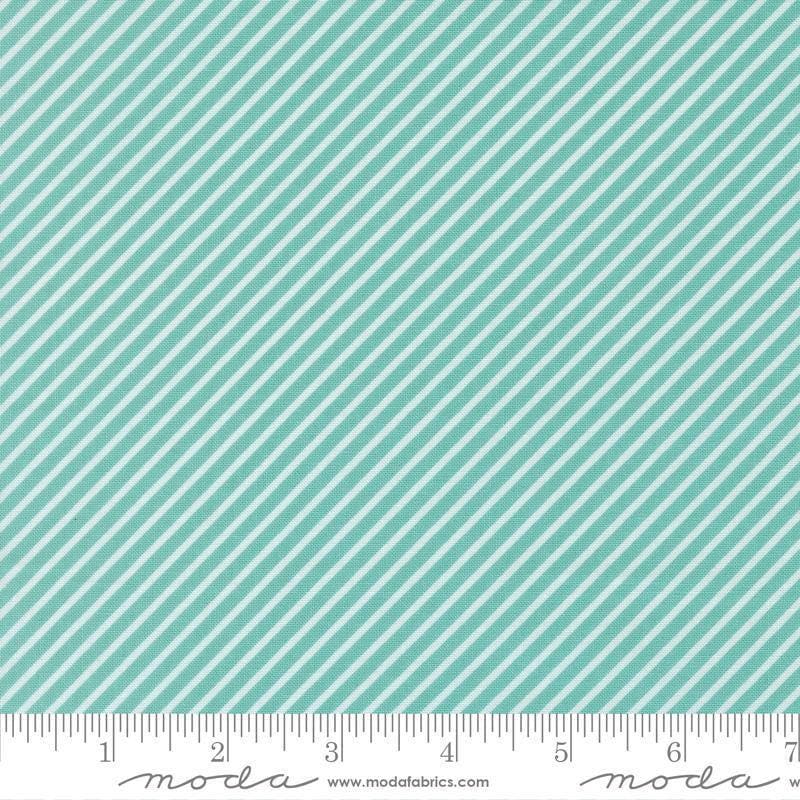 Image of Delightfully Yours Stripes Poolside quilting cotton fabric by Sherri & Chelsi for Moda Fabrics. Features stripes on a blue background. Cute Little Fabric Shop