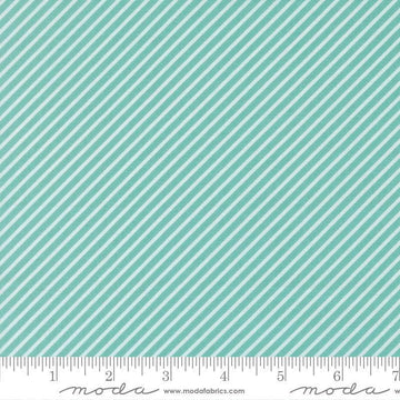 Image of Delightfully Yours Stripes Poolside quilting cotton fabric by Sherri & Chelsi for Moda Fabrics. Features stripes on a blue background. Cute Little Fabric Shop