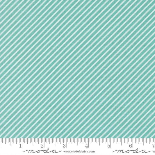 Image of Delightfully Yours Stripes Poolside quilting cotton fabric by Sherri & Chelsi for Moda Fabrics. Features stripes on a blue background. Cute Little Fabric Shop