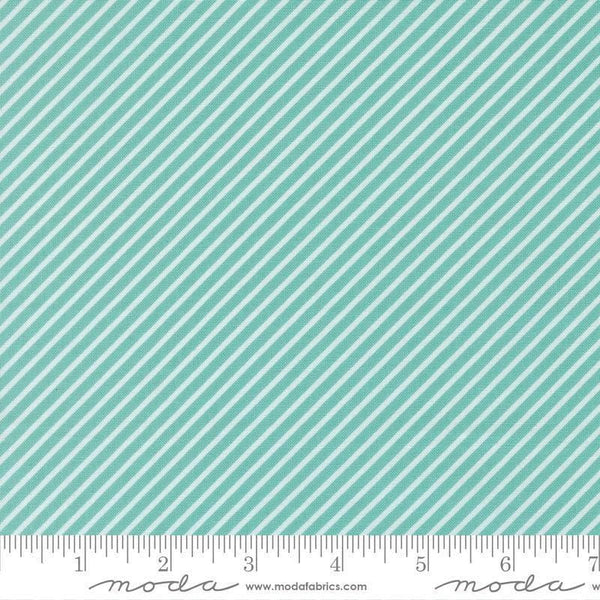 Image of Delightfully Yours Stripes Poolside quilting cotton fabric by Sherri & Chelsi for Moda Fabrics. Features stripes on a blue background. Cute Little Fabric Shop