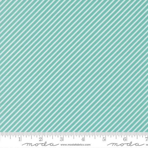Image of Delightfully Yours Stripes Poolside quilting cotton fabric by Sherri & Chelsi for Moda Fabrics. Features stripes on a blue background. Cute Little Fabric Shop