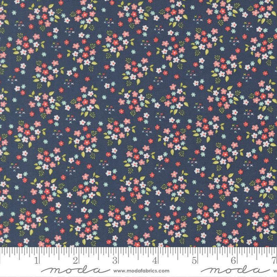 Image of Delightfully Yours Posie Navy quilting cotton fabric by Sherri & Chelsi for Moda Fabrics. Features flowers on a blue background. Cute Little Fabric Shop