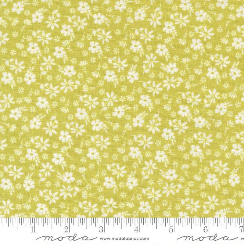 Image of Delightfully Yours Blossoms Chartreuse quilting cotton fabric by Sherri & Chelsi for Moda Fabrics. Features flowers on a yellow background. Cute Little Fabric Shop
