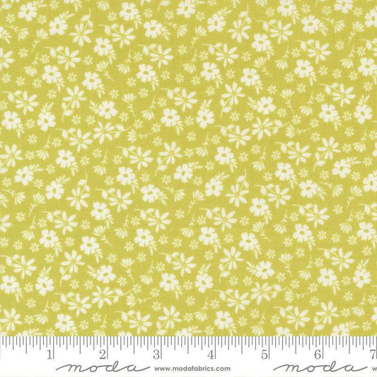 Image of Delightfully Yours Blossoms Chartreuse quilting cotton fabric by Sherri & Chelsi for Moda Fabrics. Features flowers on a yellow background. Cute Little Fabric Shop