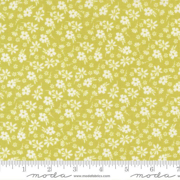 Image of Delightfully Yours Blossoms Chartreuse quilting cotton fabric by Sherri & Chelsi for Moda Fabrics. Features flowers on a yellow background. Cute Little Fabric Shop