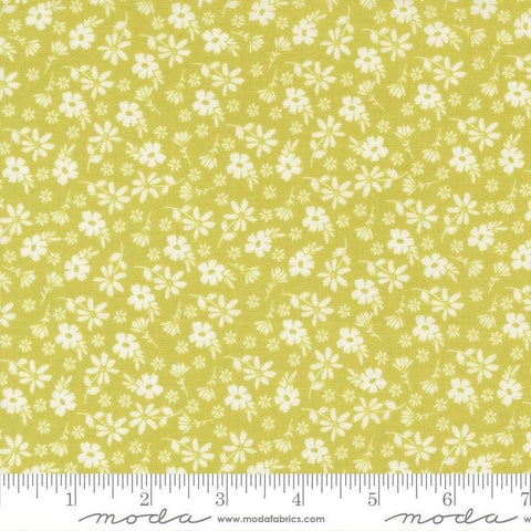 Image of Delightfully Yours Blossoms Chartreuse quilting cotton fabric by Sherri & Chelsi for Moda Fabrics. Features flowers on a yellow background. Cute Little Fabric Shop